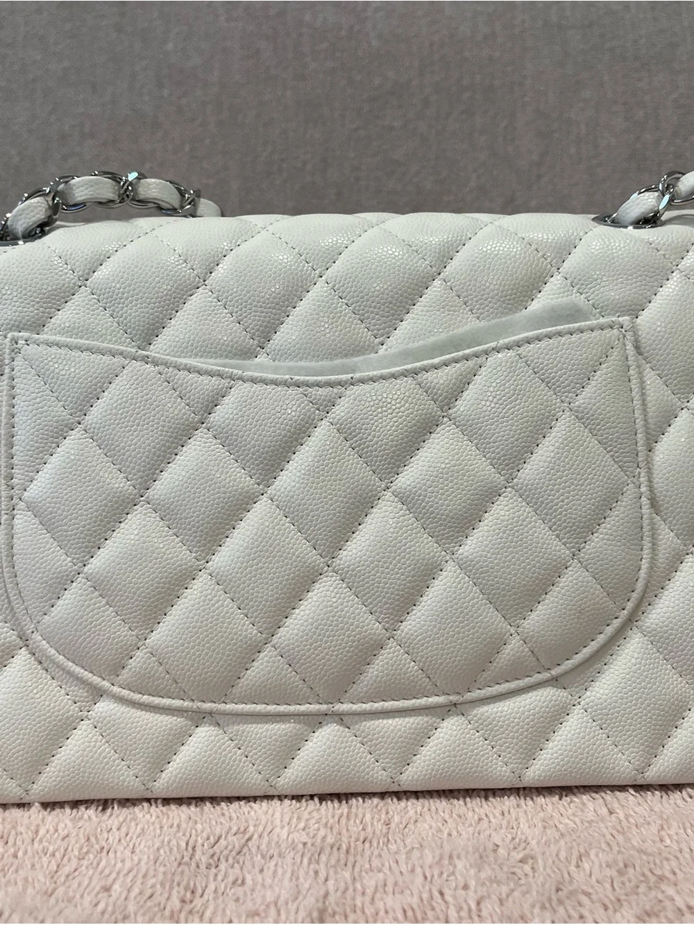 CHANEL Quilted Caviar Leather Flap Bag in White with Silver Hardware